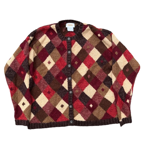 Vintage Talbots Argyle Boucle Knit Red & Tan Button Up Cardigan Sweater - Picture 6 of 11